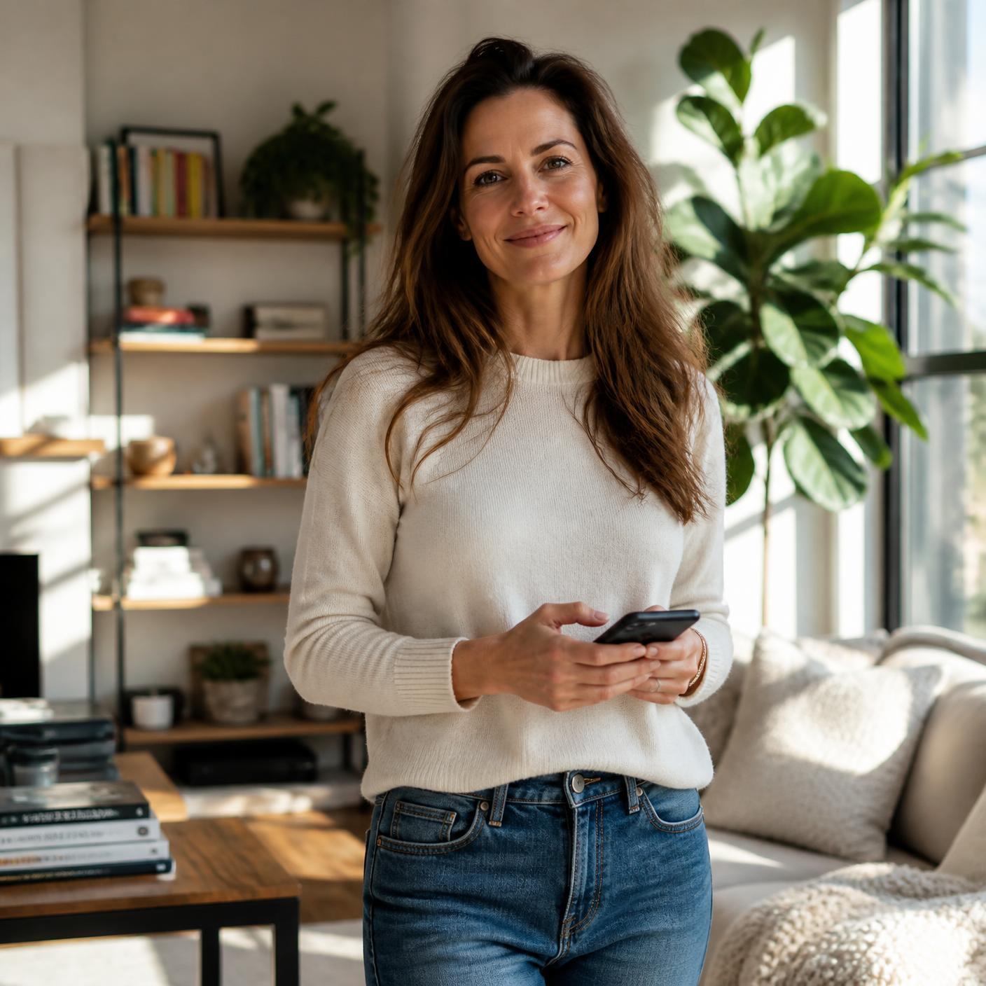A confident mother standing in her sunlit living room holding her phone